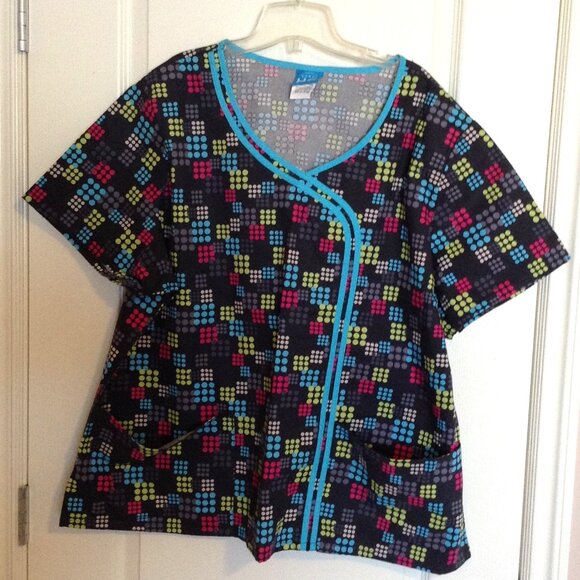 Scrub H.Q Top Women's Size 3XL Black Multicolor Uniform Nurse Medical - Picture 1 of 9